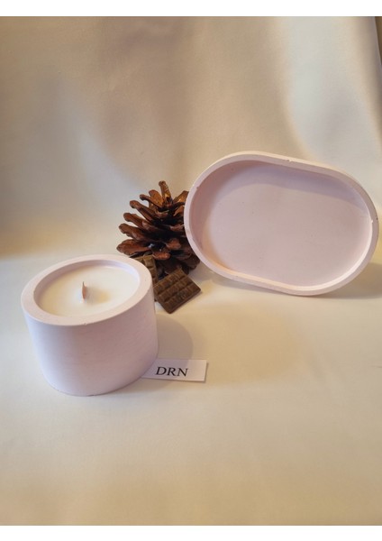 Pembe Renkli, Sunum Tabaklı, Silindir, Ahşap Fitilli, Kokulu Mum modelleri