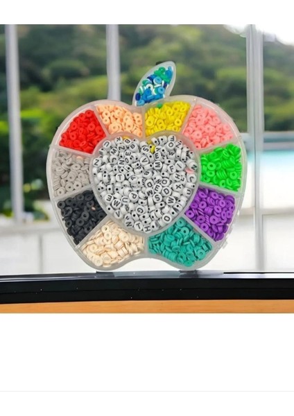 11 Renk Fimo Harf Boncuk Karışık Set Misina Ve Kapama Aparatları Ile Elma Motifli Kutu Içinde