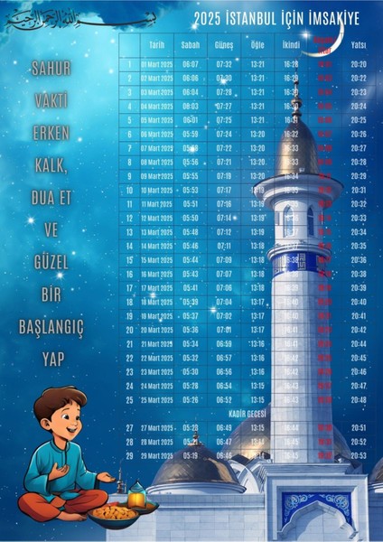 Ramazan İmsakiyesi Modern Kişiye Özel Tasarımlı Dijital Baskı 1 Adet A4 300 gr Model 2