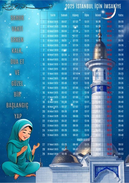 Ramazan İmsakiyesi Modern Kişiye Özel Tasarımlı Dijital Baskı 6 Adet A4 300 gr Model 3