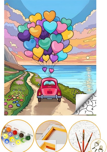 Sayılarla Boyama Numaralı Tuval Seti Fırça Boya Dahil 40X50CM Tatlı Araba ve Balonlar
