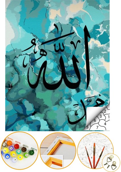 Sayılarla Boyama Numaralı Tuval Seti Fırça Boya Dahil 40X50CM - Allah Hat Yazısı