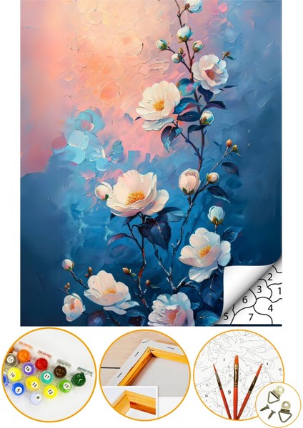 Sayılarla Boyama Numaralı Tuval Seti Fırça Boya Dahil 40X50CM - Beyaz Çiçekler