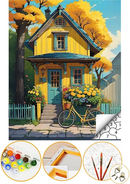 Sayılarla Boyama Numaralı Tuval Seti Fırça Boya Dahil 40X50CM - Sarı Ev