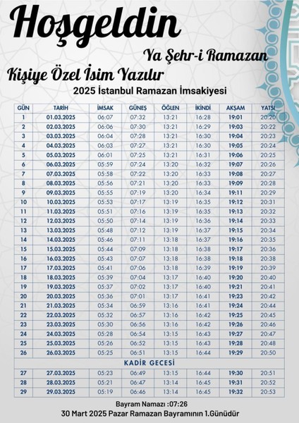 Ramazan İmsakiyesi Modern Kişiye Özel Tasarımlı Dijital Baskı 50 Adet A4 300 gr Model 22