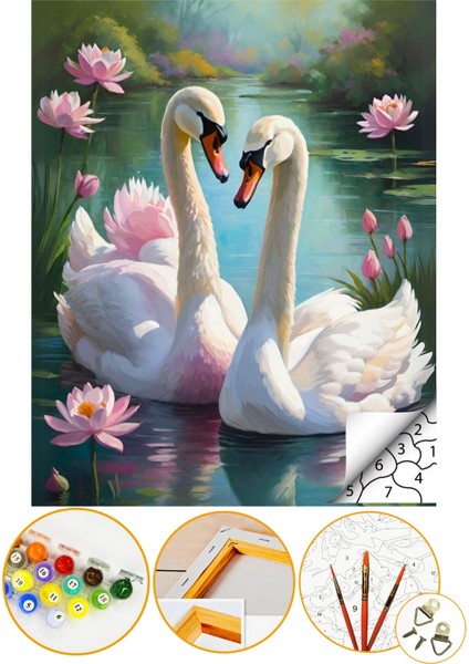 Sayılarla Boyama Numaralı Tuval Seti Fırça Boya Dahil 40X50CM - Pembe Nilüfer ve Kuğular