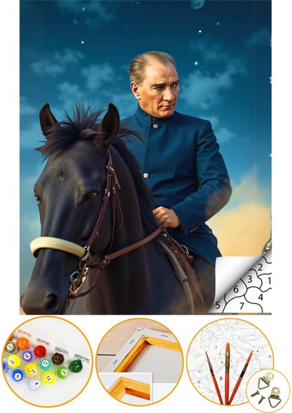 Sayılarla Boyama Numaralı Tuval Seti Fırça Boya Dahil 40X50CM - Atatürk At Üstünde