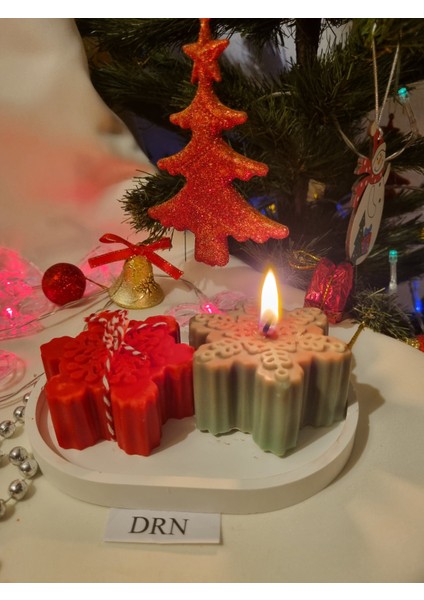 Yılbaşı Kırmızı ve Yeşil Kar Tanesi Mum Seti, Sunum Tabaklı