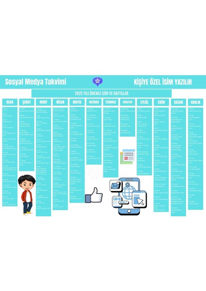 2025 Kişiye Özel Sosyal Medya Takvimi - Özel Günlerle Dolu Eğlenceli Duvar Afişi Açık Mavi
