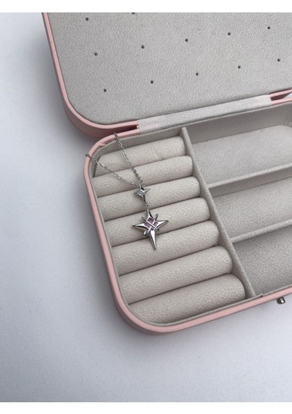 Zirkon Taşlı Pembe Kutup Yıldızı Kolye, Çelik Kolye, Hediye Kutulu