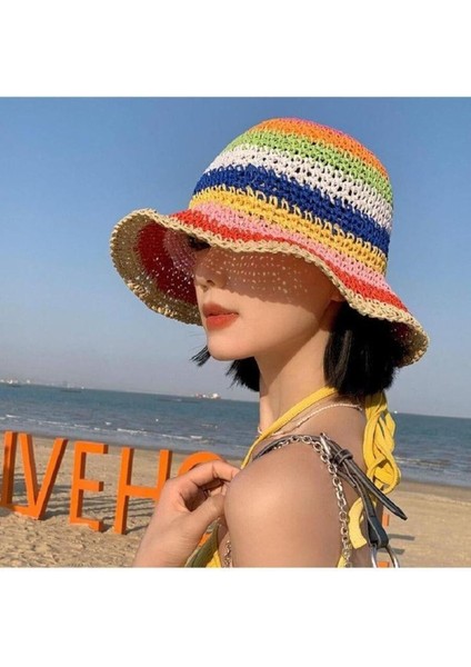 14515 Kırmızı Bej El Örgüsü Hasır Şapka