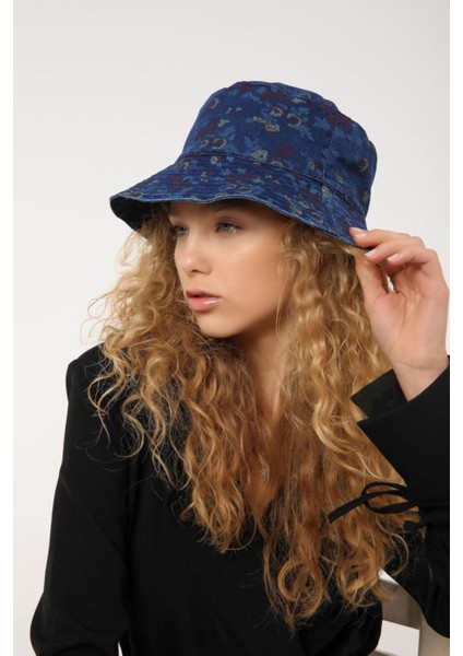 14313 Çiçek Desenli Lacivert Bucket Şapka