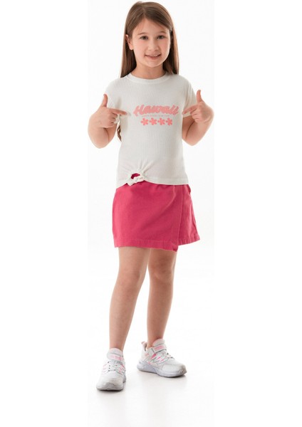 Hawaii Yazı Baskılı Fitilli Yanı Büzgülü Kız Çocuk Tişört