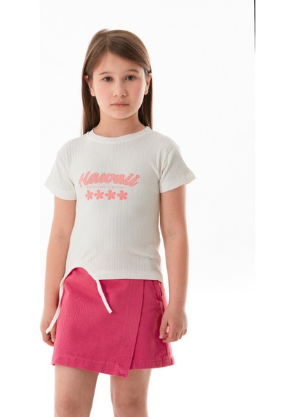 Hawaii Yazı Baskılı Fitilli Yanı Büzgülü Kız Çocuk Tişört fiyatları