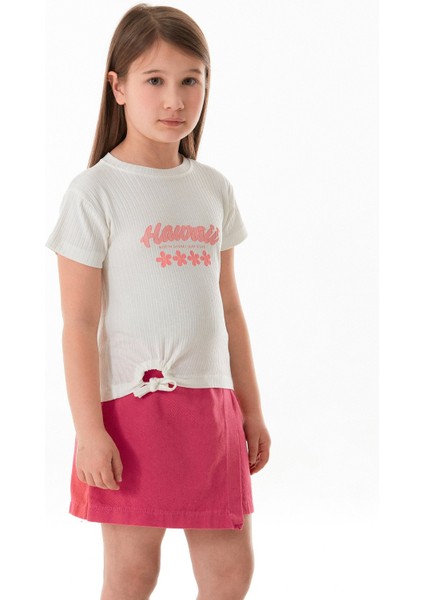 Hawaii Yazı Baskılı Fitilli Yanı Büzgülü Kız Çocuk Tişört modelleri