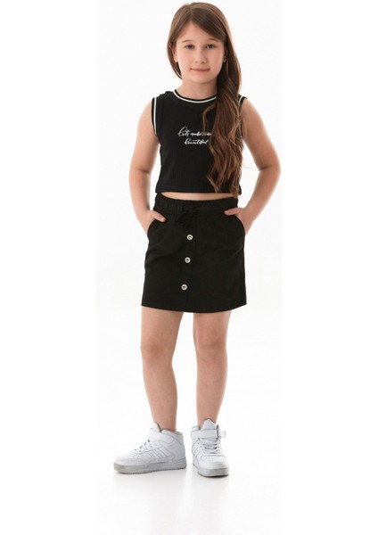 Beli Bağlamalı Düğmeli Kız Çocuk Etek