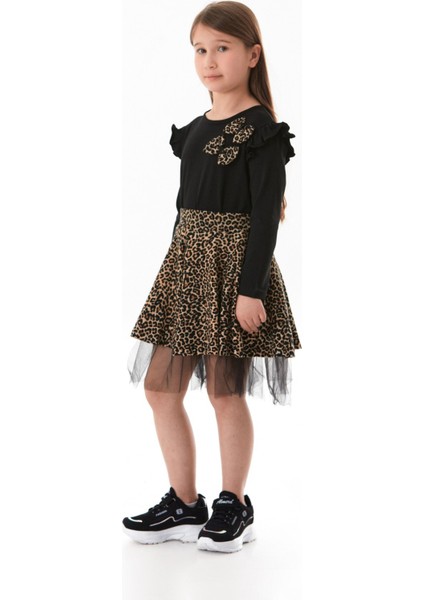 Leopar Desenli Fiyonklu Tüllü Kız Çocuk Elbise