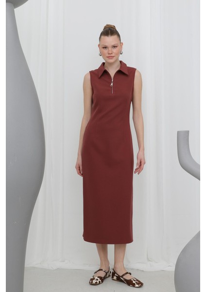 32149 Kadın Fermuar Detaylı Midi Elbise