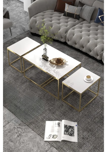 Orta Sehpa-Zigon Yan Sehpa Flora Set Altın Beyaz