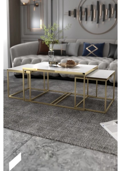 Orta Sehpa-Zigon Yan Sehpa Flora Set Altın Beyaz
