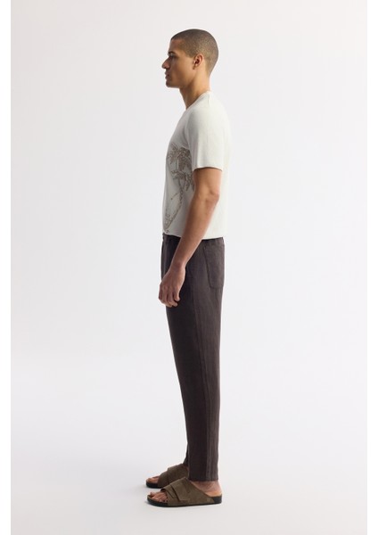 Erkek Kahve Relaxed Fit Beli Lastikli %100 Keten Pantolon B003032