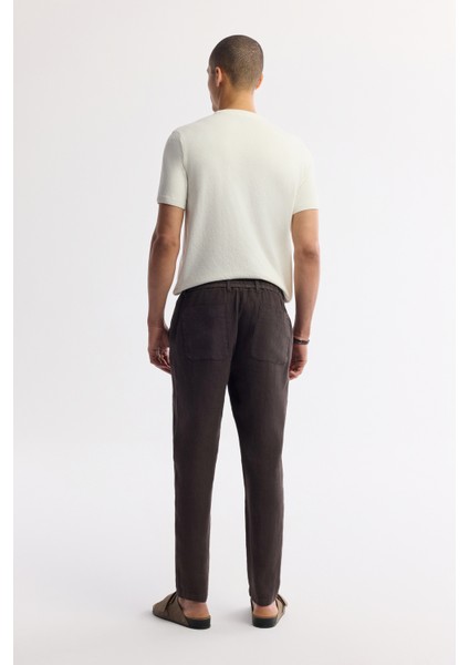 Erkek Kahve Relaxed Fit Beli Lastikli %100 Keten Pantolon B003032