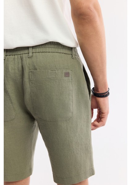 Erkek Haki Beli Lastikli %100 Keten Issos Şort B003732