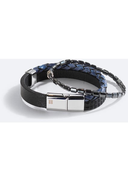 Erkek Lacivert Deri ve Hematit Ve Akik Taşlı Bileklik A51Y9609