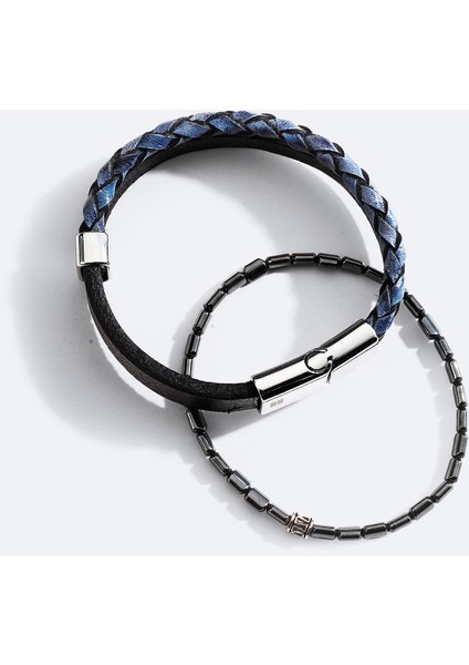 Erkek Lacivert Deri ve Hematit Ve Akik Taşlı Bileklik A51Y9609 modelleri