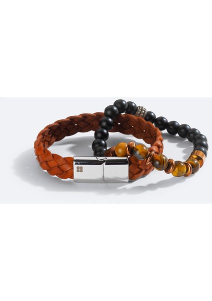Erkek Kahve Deri ve Hematit Taşlı Bileklik A51Y9607