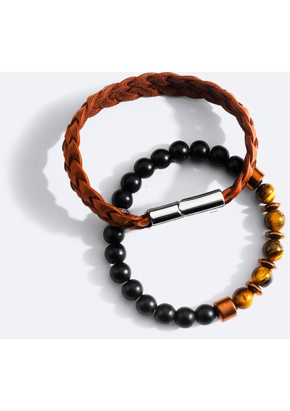 Erkek Kahve Deri ve Hematit Taşlı Bileklik A51Y9607 modelleri