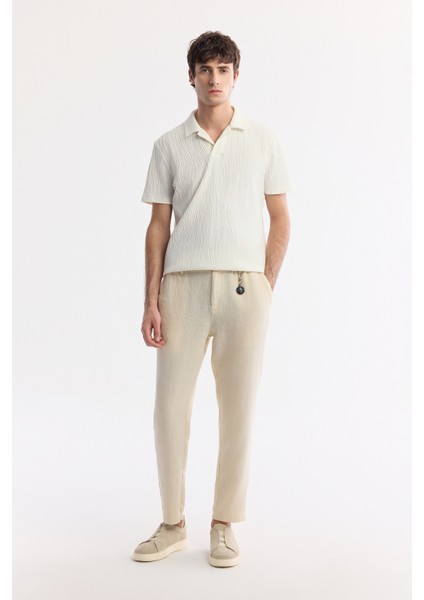 Erkek Bej Relaxed Fit Beli Lastikli %100 Keten Pantolon B003032