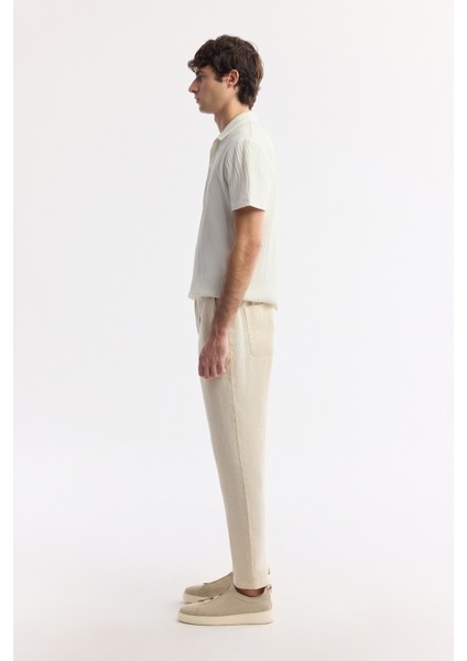Erkek Bej Relaxed Fit Beli Lastikli %100 Keten Pantolon B003032
