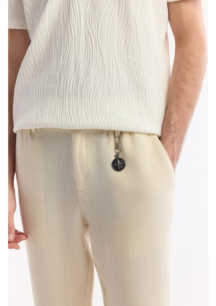 Erkek Bej Relaxed Fit Beli Lastikli %100 Keten Pantolon B003032