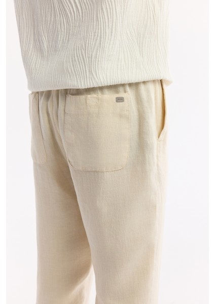 Erkek Bej Relaxed Fit Beli Lastikli %100 Keten Pantolon B003032