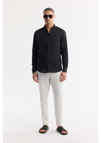 Erkek Beyaz Beli Lastikli %100 Keten Relaxed Fit Pantolon B003032