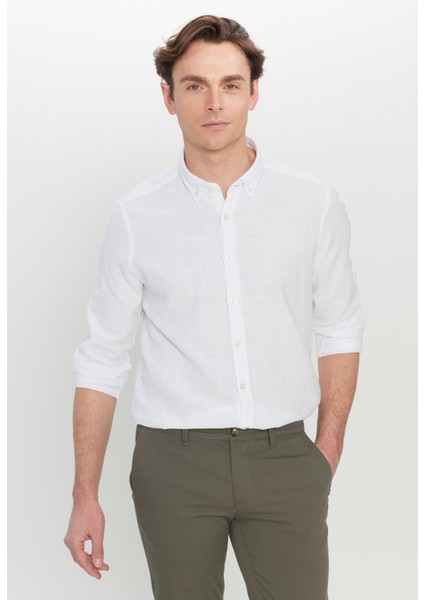 %100 Pamuk Flamlı Slim Fit Dar Kesim Düğmeli Yaka Armürlü Gömlek
