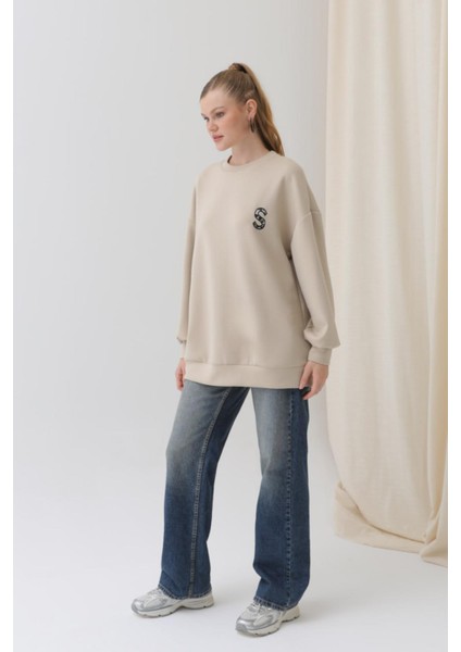 32112 Kadın Arkası Leopar Detaylı Sweatshirt