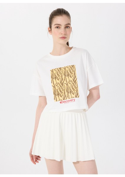 D5SL-TST3641 Kırık Beyaz Bisiklet Yaka Crop Baskılı Kadın T-Shirt