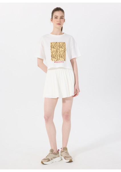 D5SL-TST3641 Kırık Beyaz Bisiklet Yaka Crop Baskılı Kadın T-Shirt fiyatları