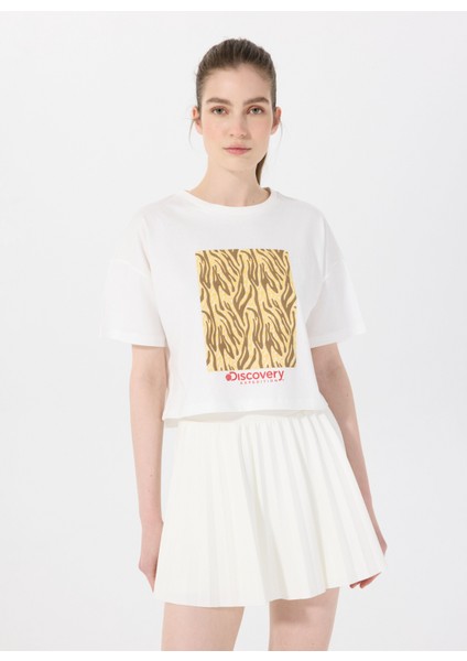 D5SL-TST3641 Kırık Beyaz Bisiklet Yaka Crop Baskılı Kadın T-Shirt modelleri