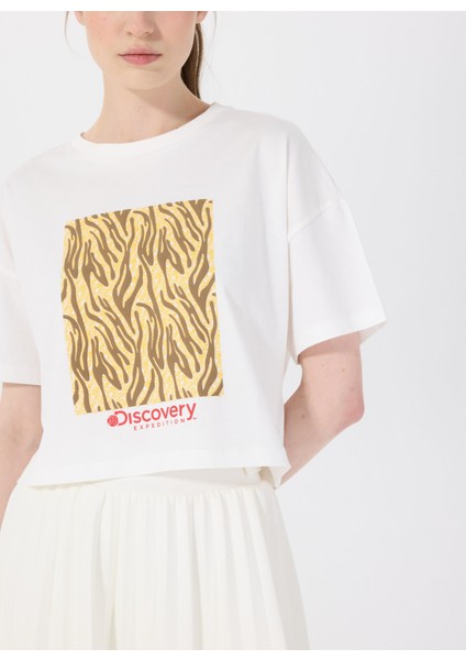 D5SL-TST3641 Kırık Beyaz Bisiklet Yaka Crop Baskılı Kadın T-Shirt fırsatları