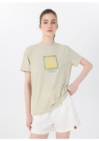 D5SL-TST3731 Mint Melanj Bisiklet Yaka Relaxed Baskılı Kadın T-Shirt