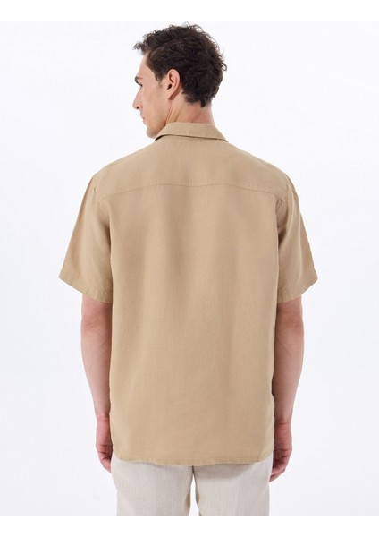 Deve Tüyü Erkek Apaş Yaka Relaxed Fit %100 Keten Gömlek F5SM-GML 2722