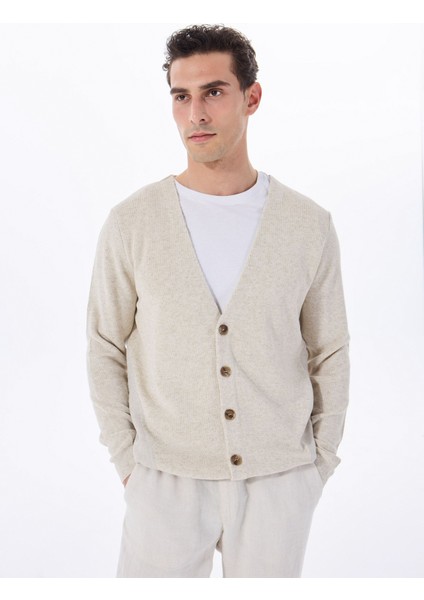 Bej Erkek V Yaka Regular Fit Jakarlı Keten Karışımlı Hırka FC5SM-HRK 2758 fırsatları