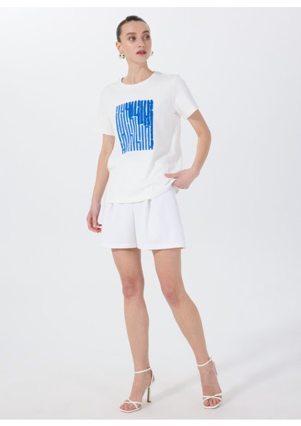 Bisiklet Yaka Nakışlı Kırık Beyaz Kadın T-Shirt F5SL-TST0388 fiyatları
