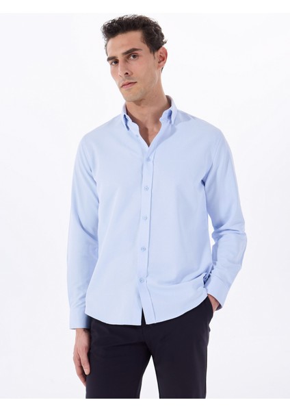 Basic Alttan Britli Yaka Armürlü Mavi Erkek Gömlek Maydos 506 modelleri