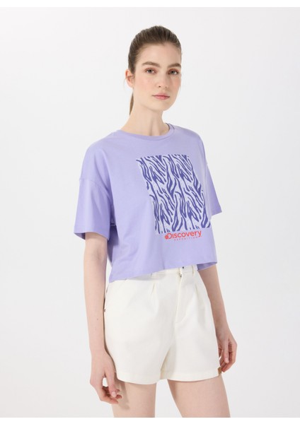D5SL-TST3641 Lila Bisiklet Yaka Crop Baskılı Kadın T-Shirt