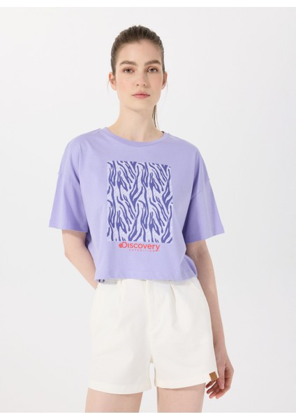 D5SL-TST3641 Lila Bisiklet Yaka Crop Baskılı Kadın T-Shirt modelleri
