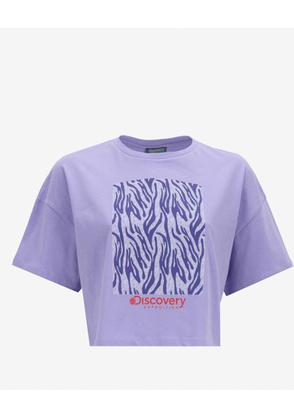 D5SL-TST3641 Lila Bisiklet Yaka Crop Baskılı Kadın T-Shirt indirimleri